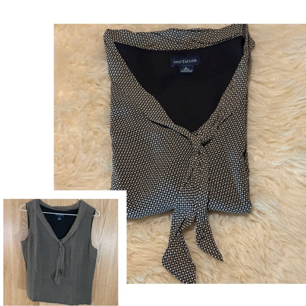 Ann Taylor 100% Silk Sleeveless Lined V-Tie Neckline Cropped Black/Tan/Cream Top - Picture 10 of 10